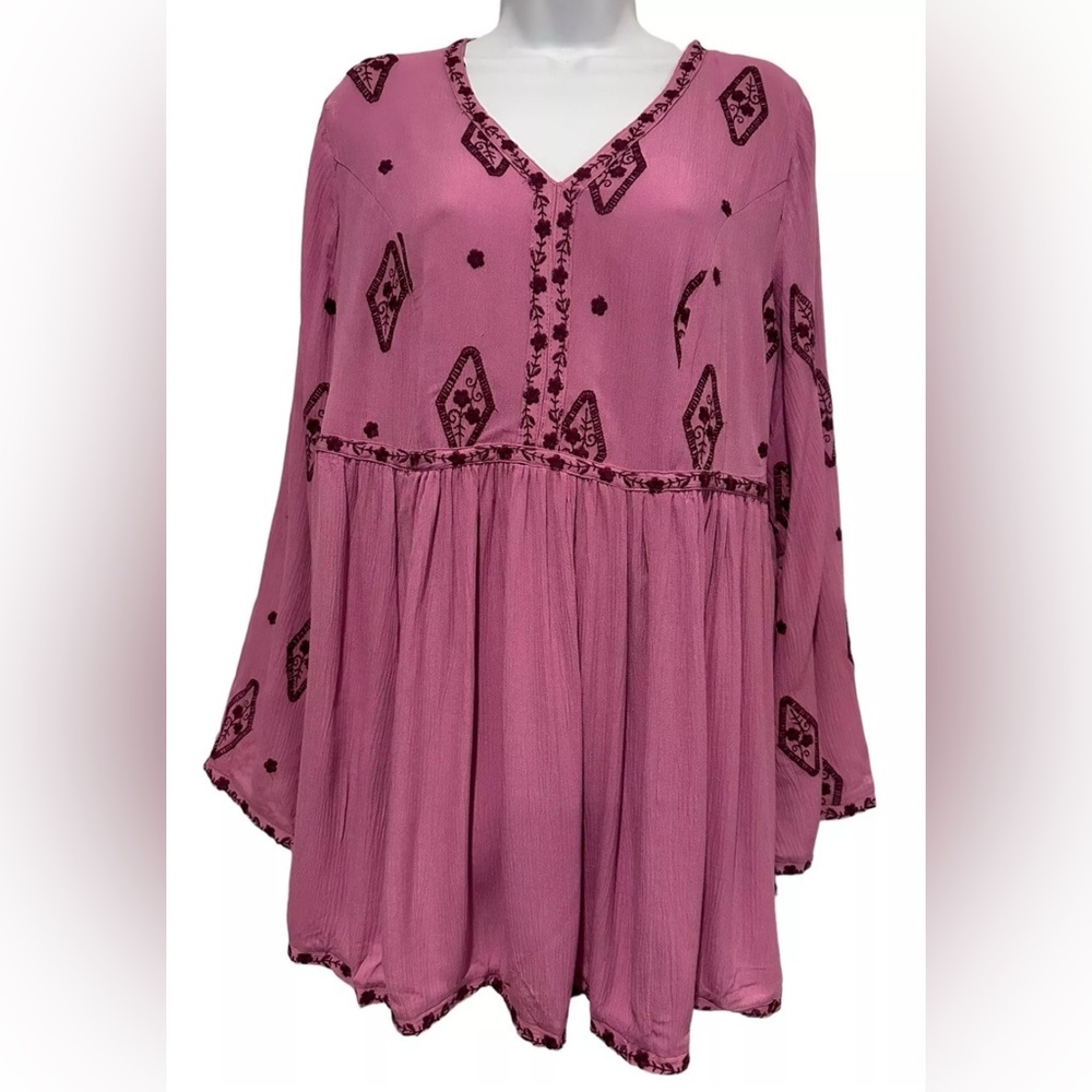 Roamans Womens Top Mauve Embroidered Floral Flowy‎ 14 W